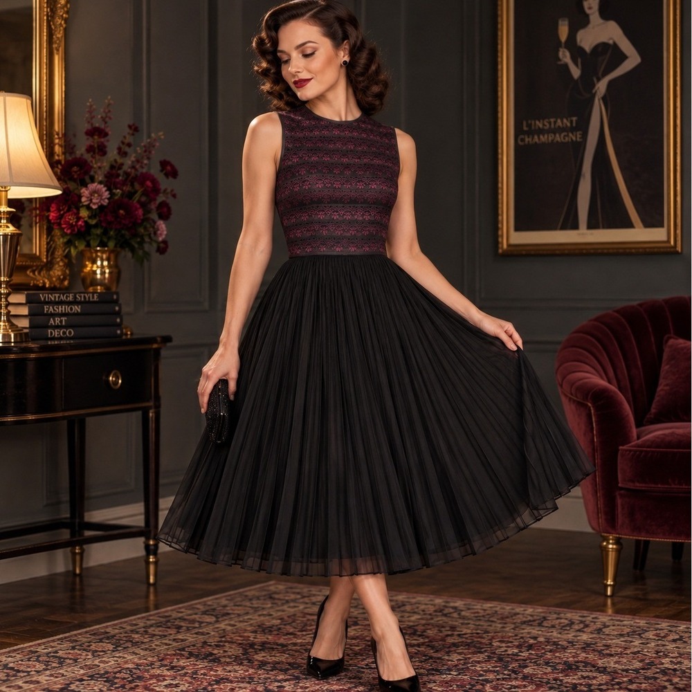 JONATHAN LOGAN Vintage 50s XS/S Burgundy Lace Black Pleated Rockabilly Dress